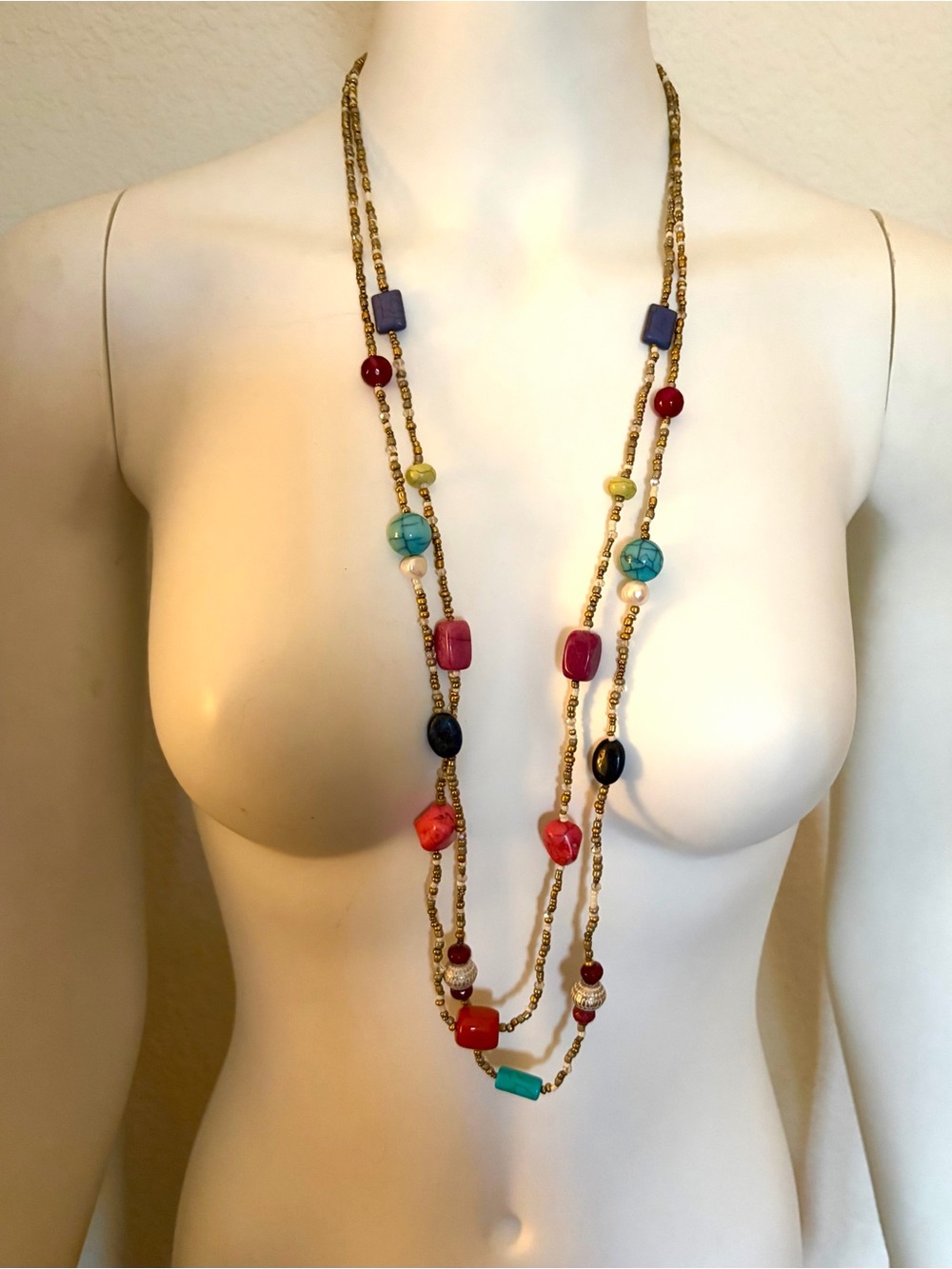 Gold, Pearl & Multi-Color Beaded Double-Strand Necklace
